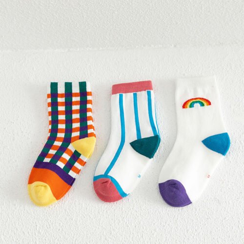 Kids Colorful Socks Set - 3 Pairs with Stripes and Rainbow Designs, Comfortable Fit for Ages 1-12