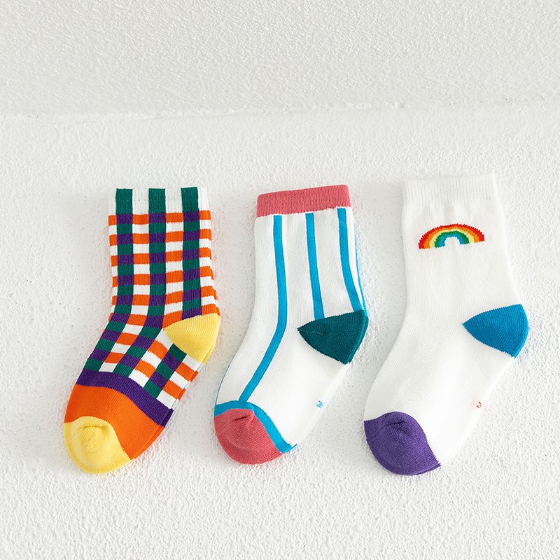 1 Kids Colorful Socks Set - 3 Pairs with Stripes and Rainbow Designs, Comfortable Fit for Ages 1-12 - Image 1