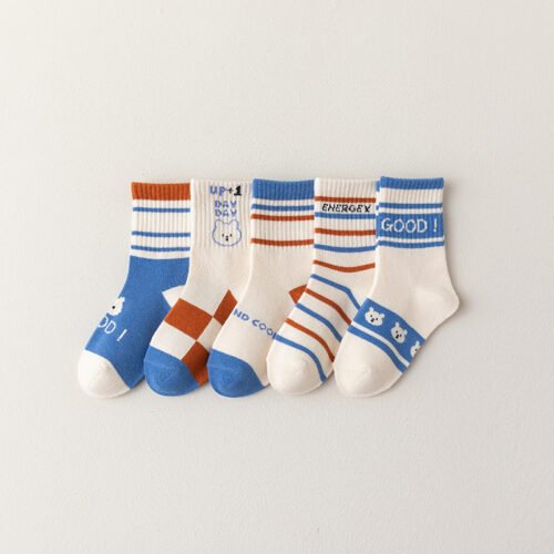 Kids Socks Boys Socks – Children’s Cartoon Bear & Striped Mid-Calf Socks 0-12 Years Old for Boys