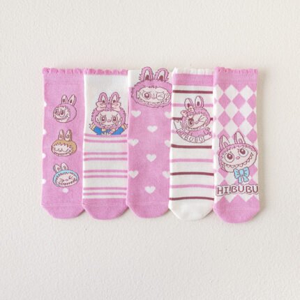 【5 Pairs Pack】Girls'Socks  Cartoon Bunny Mid-Calf Cotton Socks , 1-12Y, Cute Patterned Socks for Toddlers & Kids