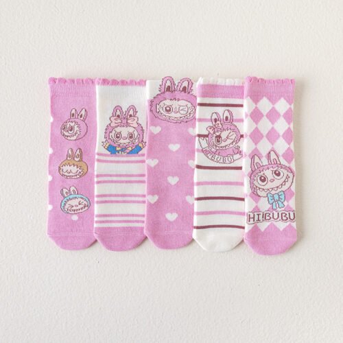 【5 Pairs Pack】Girls'Socks  Cartoon Bunny Mid-Calf Cotton Socks , 1-12Y, Cute Patterned Socks for Toddlers & Kids