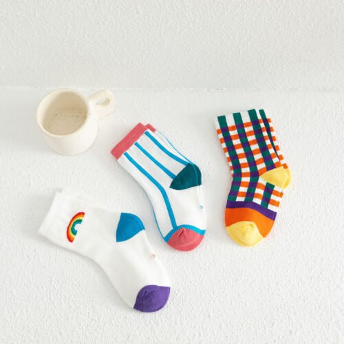 Kids Colorful Socks Set - 3 Pairs with Stripes and Rainbow Designs, Comfortable Fit for Ages 1-12 - Image 6
