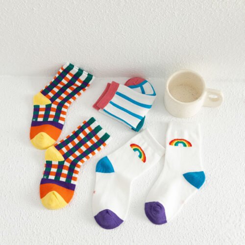 Kids Colorful Socks Set - 3 Pairs with Stripes and Rainbow Designs, Comfortable Fit for Ages 1-12 - Image 3