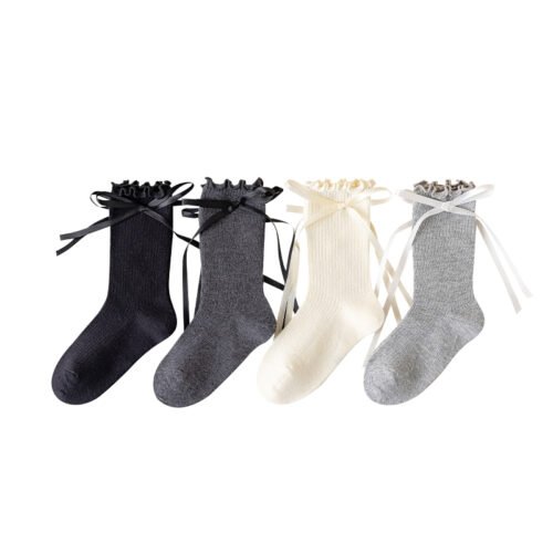 【1 Pair Pack, 3 Sizes for 3-12Y】Girls'Socks Lolita Princess Mid-Calf Socks - Ruffle Trim & Bow Design, Korean Style for Spring Autumn