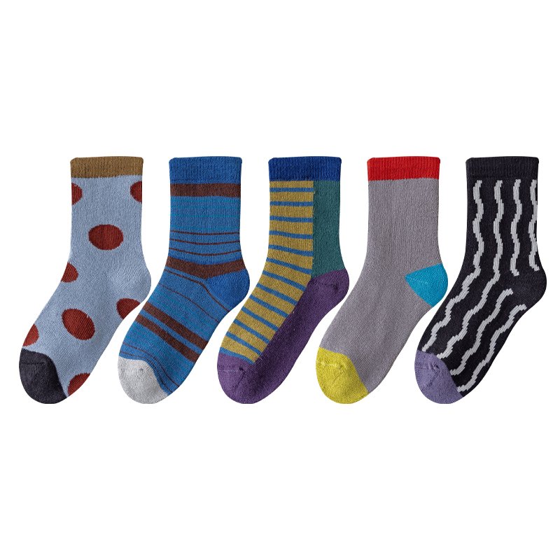 白底 【5 Pairs Per Pack】Boys'Socks Autumn Winter Warm Thick Terry Mid-Calf Socks - Fleece-Lined, Dark Color, Sporty Trendy Socks for Kids Socks & Students - Image 1